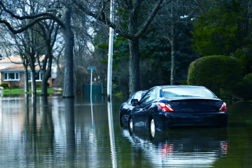 Car on a flooded road.