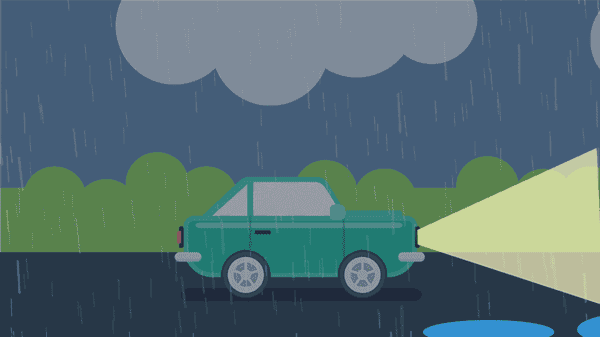Depiction of a cartoon car driving down the street in a storm.