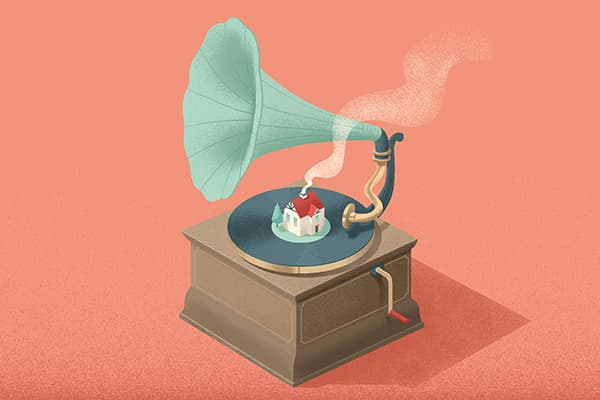 Cartoon drawing of antique record player with a miniature house sitting in the middle of the album.